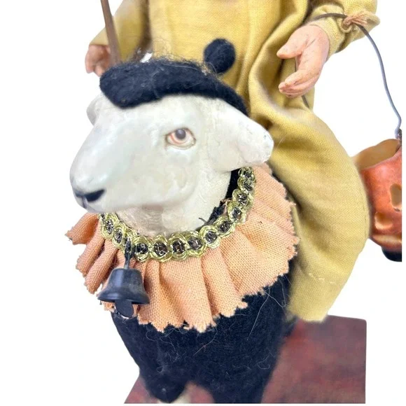 Bethany Lowe Halloween Jester Clown on Sheep w/ Trick Treat Flag Jack o Lantern - Picture 8 of 13